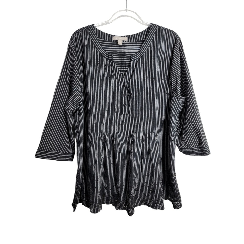 Woman Within 22/24 Tunic Top Black Striped Eyelet Henley 3/4 Sleeve Cotton